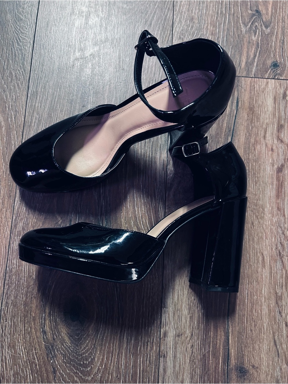 Black Patent Ankle-Strap Block Heel Pumps 9.5/40.5(eu)
